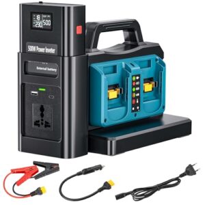 2-in-1 Wechselrichter Ladegerät für Makita 18V Akku, 500W Spannungswandler, 4-Port DC 18V Auf AC 230V Reiner Sinus Wechselrichter, Stromwandler für Camping, Wohnmobil(Batterie Nicht Enthalten)