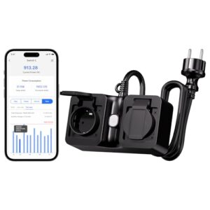 Meross WLAN Steckdose Outdoor mit Stromverbrauch, Smart Steckdose Stromzähler für Balkonkraftwerk Außensteckdose wasserdichte IP44, funktioniert mit HomeKit, Alexa und Google, 16A, 1.5m Kabel
