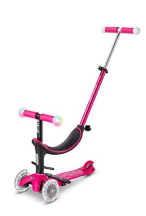 Micro Mobility Micro mini2grow Deluxe Magic 4 in 1 mit LED Rollen, Schubstange, Laufrad Scooter, ab 12 Monaten in der Farbe Rose, MMD359