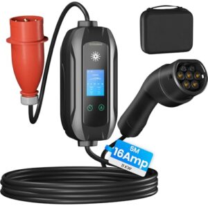 Mobile Wallbox 11KW Ladestation, 5M|Typ 2 Ladekabel mit CEE Stecker, 6-16A Einstellbarer Ladeleistung Tragbare EV Ladegerät, 3 Phasig EV Charger Wallbox für Elektroauto & Hybrid (PHEV/EV)