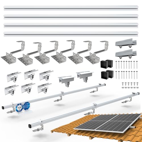 NuaSol PV Photovoltaik 2er Montage Set Ziegeldach Befestigung Schiene Dachhaken - inkl.Solar Aluprofil ,Endkappen , 35 mm Endklammern , bis 115 cm Breite pro Modul und 35 mm Höhe,Silber