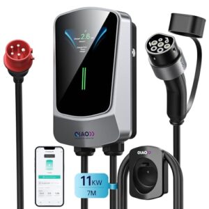 QIAO)) 11 kW Wallbox EV-Ladegerät Typ 2, intelligente Ladestation für Elektrofahrzeuge mit 4,3-Zoll-LCD-Display, Kabelhalter, [3-phasig, 7 m, 8 – 16 A], rote 16-A-CEE-Stecker-Ladebox für zu Hause