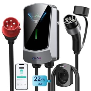 QIAO)) 22 kW EV-Ladegerät Typ 2, 7M Home Wallbox-Ladestation mit 4,3-Zoll-LCD-Display, Smart-App | 8–32 A | Kabelhalter, max. 3-phasiger 32-A-CEE-Stecker auf Typ 2 für Elektrofahrzeuge EVs PHEVs