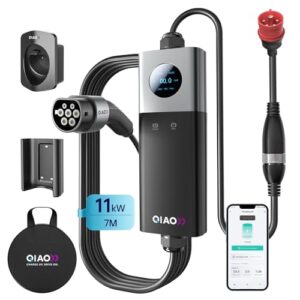 QIAO)) Mobile Wallbox 11kW 16A EV-Ladegerät Typ 2 auf CEE-Stecker, Smart-App [7m 3-Phasen 8-16A] Tragbare Ladestation für Elektroautos mit 2,8' LCD, Kabelhalter, Aufbewahrungstasche und Halterung