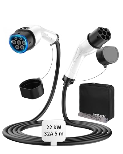 RamTouch Typ 2 Ladekabel (22 kW, 5 m, 32A, 3-Phasig, Mode 3) - Typ 2 auf Typ 2 EV Ladekabel für Ladestation/Wallbox, kompatibel mit E-Autos, Plug-in-Hybriden für Model Y/3/X/S, ENYAQ, ID.3, ID.4, ID.5