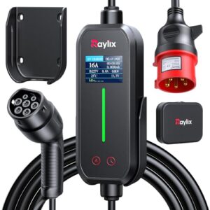 Raylix 2025 Neu 11kW Mobile Wallbox Typ 2 Ladekabel (5m 6A-16A 3-Phasig) mit Stromzähler & Einstellbarem Strom & Verzögertem Laden, Ladekabel CEE 16A auf Typ 2 und Ladestation Ladeziegel EV Charger