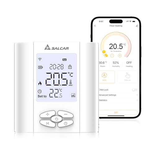 SALCAR Smart Thermostat Boiler WLAN Heizungsthermostat T5W WiFi Raumthermostat mit Luftfeuchtigkei Tuya Programmierbar Wandthermostat Fussbodenheizung Wasser Batterie Enthalten