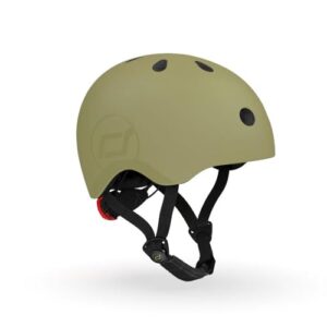 Scoot and Ride & Kid Helm Small-Medium bis Small (51-55 cm), verstellbare Passform, leichtes Design, atmungsaktive Belüftung, magnetische Schnalle, sicherheitszertifiziert, Olivgrün
