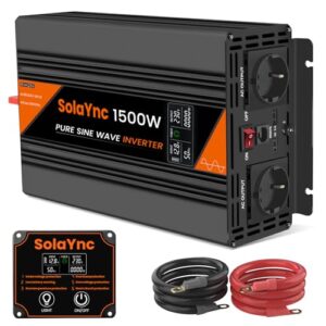 SolaYnc 1500W Wechselrichter 12V auf 230V Reiner Sinus Spannungswandler Kfz Inverter mit LCD-Bildschirm,Fernbedienung,EU Steckdosen,USB Port,Geeignet für Wohnmobil,Camper,Solaranlagen