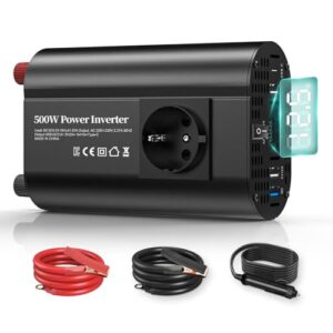 TAGEEBLU 500W Wechselrichter 12V auf 230V, spannungswandler 12v 230v mit 1 Steckdosen、Type-C 30W、USB-Schnellladung 25W、3 USB-Anschlüsse, LED-Anzeige, Laden von Handys, Laptops und Anderen Geräten