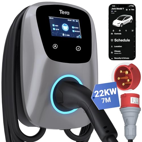 Tera EV Ladegerät Smart APP mit 16-32A Typ 2 22kW oder 11kW oder 22kW Heim Ladestation 400V CE & TÜV Wallbox 7m Ladekabel mit Ladegerätehalter App-Steuerung CEE 3-Phasen Stecker W01, Silber
