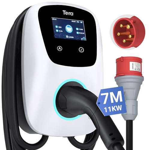 Tera EV Ladegerät Typ 2 22KW Heim Ladestation 32A 400V CE&TÜV Wallbox 7 Meter Ladekabel mit Ladegerätehalter App-Steuerung CEE 3-Phasen Stecker für Alle EV und PHEVs W01 Weiß