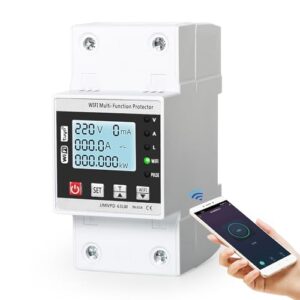 Ailao wlan Stromzähler Hutschiene tuya Smart Meter mit Überspannungsschutz Unterspannungsschutz wifi Circuit Breaker Handy Fernbedienung LCD weiß Hinterleuchteter Bildschirm AC 230V 63A.