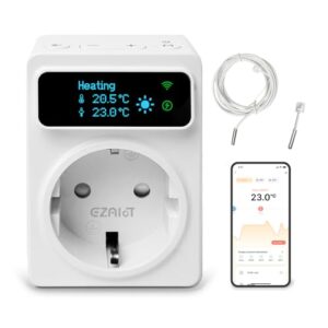EZAIoT Steckdosen-Thermostat WLAN - Heizung/Kühlung und Zeitschaltuhr mit 3m und 5cm Fühler, Digitaler Temperaturregler für Gewächshäuser, Aquarien, 230V, OLED Bildschirm