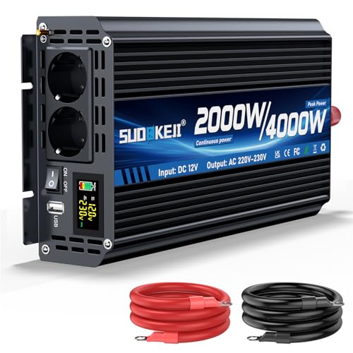 Wechselrichter 12V 230V 2000W/4000W Spannungswandler Modifizierte Sinus Sine Wave Inverter mit 2 AC Steckdose und USB und Type-C Port für Auto Wohnmobil Fahrzeuge