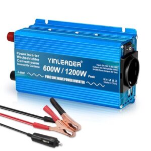 Yinleader 1200W Reiner Sinus Wechselrichter 12V DC auf 230V AC (Dauerleistung 600 W) mit 1 EU Steckdose und 2 USB