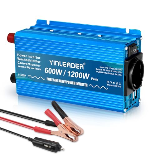 Yinleader 1200W Reiner Sinus Wechselrichter 12V DC auf 230V AC (Dauerleistung 600 W) mit 1 EU Steckdose und 2 USB