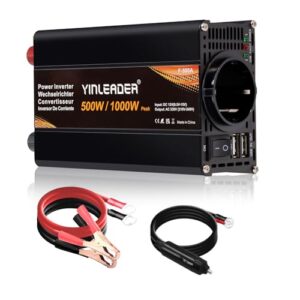 Yinleader Wechselrichter 500W /1000W DC 12V auf 230V AC und 1 EU Steckdose 2 USB LED KFZ-Spannungswandler