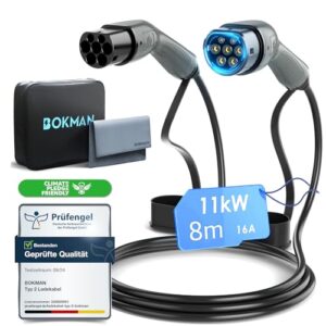 bokman Typ 2 Ladekabel, 11kW / 16A / 3-Phasig / 8 Meter/Modus 3, Typ 2 auf Typ 2 EV Ladekabel für Elektroauto mit Tragetasche und Mikrofasertuch