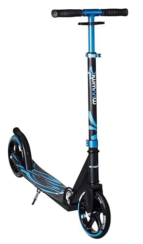 muuwmi Aluminium Scooter Plus – Tretroller, 205 mm, ABEC 7, GS-geprüft, höhenverstellbar, XL-Deck, blau-schwarz