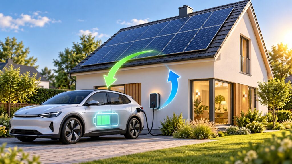 Symbolbild zum bidirektionalen Laden: E-Auto an einer Wallbox vor einem Haus mit Solardach; Pfeile zeigen den Energiefluss in beide Richtungen.