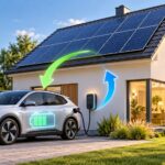 Symbolbild zum bidirektionalen Laden: E-Auto an einer Wallbox vor einem Haus mit Solardach; Pfeile zeigen den Energiefluss in beide Richtungen.