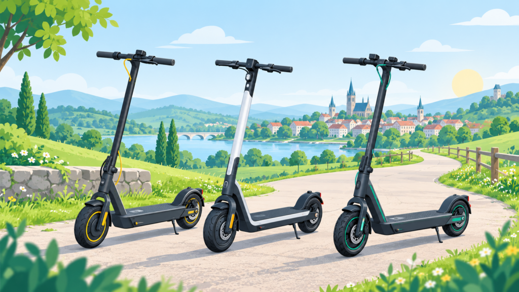 Illustration: Drei E-Scooter vor einer grünen Landschaft mit Stadt und geschwungenem Weg