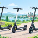 Illustration: Drei E-Scooter vor einer grünen Landschaft mit Stadt und geschwungenem Weg