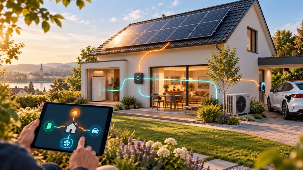 Symbolbild eines Hauses mit Photovoltaik, Batteriespeicher, Wallbox mit E-Auto und Wärmepumpe; ein Tablet zeigt das Energiemanagement.
